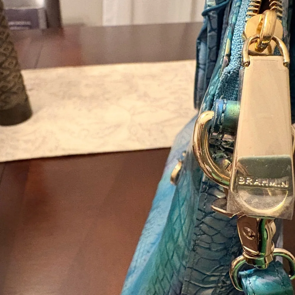 Brahmin Iridescent Teal Blue Croc-Embossed Satchel - Picture 6 of 11